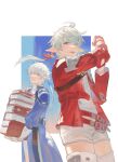  1boy 1girl ahoge alisaie_leveilleur alphinaud_leveilleur bangs blue_eyes book book_stack brother_and_sister carrying earrings elezen elf final_fantasy final_fantasy_xiv fingerless_gloves gloves hair_ribbon jacket jewelry lmj961106 long_hair looking_at_viewer pointy_ears ribbon shorts siblings silver_hair thighhighs 