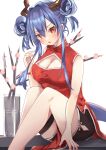  1girl :o arknights bangs black_shorts blue_hair blush bracelet breasts ch&#039;en_(ageless_afterglow)_(arknights) ch&#039;en_(arknights) cleavage cleavage_cutout clothing_cutout commentary_request double_bun dragon_girl dragon_horns dragon_tail dress eyebrows_visible_through_hair feet_out_of_frame highres horns jewelry knees_up long_hair looking_at_viewer medium_breasts official_alternate_costume open_mouth pelvic_curtain red_dress red_eyes short_shorts shorts sidelocks simple_background sitting sleeveless sleeveless_dress solo tail tail_through_clothes thigh_strap tsuyuki_yuki v-shaped_eyebrows vase white_background 