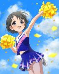  alternate_eye_color arm_up black_hair blue_eyes blue_shirt blue_skirt blue_sky blush bunny_hair_ornament cheerleader child cloud collarbone commentary_request confetti eyebrows_visible_through_hair flat_chest hair_ornament hairclip highres idolmaster idolmaster_cinderella_girls jumping megabee_e midair midriff_peek navel open_mouth pleated_skirt pom_pom_(cheerleading) print_shirt sasaki_chie shirt shoes short_hair skirt sky sleeveless sleeveless_shirt smile sneakers solo white_footwear 