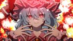  1girl backlighting bangs blurry brooch depth_of_field eyebrows_visible_through_hair face frilled_shirt_collar frills hair_between_eyes hands_up hat hat_ribbon jewelry kill_0ggg0 looking_at_viewer mob_cap puffy_sleeves red_eyes red_nails red_ribbon remilia_scarlet ribbon short_hair smile soft_focus solo touhou upper_body wrist_cuffs 