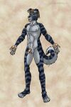  anthro brown_hair canid canine canis curled_tail domestic_dog ear_piercing floppy_ears fur green_eyes hair hans_grimm hi_res humanoid hustenblut male mammal nipples piercing presenting solo striped_body striped_fur stripes 