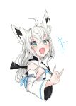  1girl \n/ ahoge animal_ears blue_eyes braid detached_sleeves fox_ears fox_girl from_side hololive long_hair looking_at_viewer low-tied_long_hair open_mouth shirakami_fubuki side_braid smile solo tenbin_gashira virtual_youtuber white_hair 