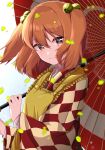  1girl apron bangs bell brown_hair character_name checkered_clothes checkered_kimono clothes_writing eyebrows_visible_through_hair hair_bell hair_ornament highres holding holding_umbrella japanese_clothes jingle_bell kimono light_smile long_sleeves looking_at_viewer mashiba_lei motoori_kosuzu oil-paper_umbrella red_eyes solo touhou two_side_up umbrella upper_body wide_sleeves 