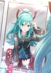  1girl :o absurdres aqua_eyes aqua_hair aqua_nails aqua_skirt belt black_legwear black_shirt bottle clothes_rack commentary dressing_room hair_ribbon hand_in_own_hair hand_on_own_thigh hatsune_miku hatsune_miku_(if) headphones highres indoors itogari leaning_forward light_bulb long_hair long_sleeves makeup_brush miniskirt mirror nail_polish open_mouth pleated_skirt ponytail reflection ribbon ruffling_hair shirt skirt solo striped striped_ribbon thighhighs vocaloid zettai_ryouiki 