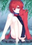  1girl :d absurdres bare_legs barefoot black_shirt blue_bow bow breasts cape cloak donnon08 hair_bow high_collar highres knees_together_feet_apart knees_up long_sleeves looking_at_viewer medium_breasts miniskirt open_mouth outdoors red_cape red_cloak red_eyes red_hair red_skirt ripples sekibanki shirt short_hair sitting skirt smile soaking_feet solo thighs touhou water 