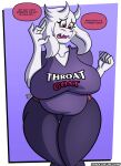  anthro big_breasts boss_monster bottomwear bovid breasts caprine clothing dialogue english_text female hi_res huge_breasts mammal mature_female overweight overweight_female pants purple_background shirt simple_background sketchybug solo text topwear toriel undertale undertale_(series) video_games 