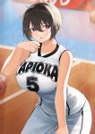  1girl :o ball basketball basketball_court basketball_uniform black_hair blush breasts clothes_writing collarbone cowboy_shot hand_up highres indoors large_breasts leaning_forward looking_at_viewer open_mouth original purple_eyes shirt short_hair sleeveless sleeveless_shirt solo sportswear tapioka_(oekakitapioka) white_shirt 