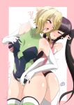  2girls absurdres adamis0108 akatsuki_kirika bangs black_hair blonde_hair blunt_bangs blush breasts couple deep_skin eye_contact fingering fingering_through_clothes grabbing green_eyes green_leotard hair_ornament highres hug hug_from_behind leotard long_hair looking_at_another medium_breasts multiple_girls pink_eyes pink_leotard pussy_juice reach-around senki_zesshou_symphogear shiny shiny_hair shiny_skin short_hair sweat through_clothes translation_request tsukuyomi_shirabe twintails x_hair_ornament yuri 