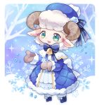  ambiguous_gender anthro biped blush bovid caprine clothed clothing eyebrow_through_hair eyebrows footwear fur green_eyes hair hat headgear headwear horizontal_pupils horn kuo0 mammal open_mouth pupils sheep shoes snow snowflake solo translucent translucent_hair white_body white_fur 