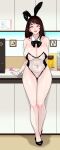  1girl absurdres animal_ears arm_behind_back bangs bare_shoulders black_bow black_footwear blush bow bowtie breasts cameltoe chief_nuna_(zcune) cleavage collarbone condom covered_navel detached_collar fake_animal_ears full_body highres holding holding_condom huge_breasts legs_together leotard long_hair looking_at_viewer mole mole_under_eye navel original playboy_bunny rabbit_ears see-through see-through_leotard smile solo strapless thighs translucent_bunnysuit wrist_cuffs zcune 