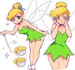  1girl bangs bare_shoulders blonde_hair blue_eyes blush breasts butterfly_wings ciosuii closed_mouth dress eyebrows_visible_through_hair fairy fairy_wings full_body green_dress hair_bun hair_ribbon highres peter_pan_(disney) pointy_ears ribbon shiny shiny_hair short_hair smile solo swept_bangs tinker_bell_(disney) wand wings 