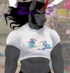  abs clothing equid equine eye_mist facial_hair friendship_is_magic ghoulhowls green_sclera hasbro horn king_sombra_(mlp) looking_at_viewer male mammal my_little_pony princess_celestia_(mlp) red_eyes shirt solo t-shirt topwear unicorn winged_unicorn wings 