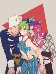  1girl 2boys abs arm_grab blue_eyes bracelet breasts clenched_teeth codpiece crop_top double_bun english_commentary fake_horns fishnet_top fishnets fur_hat green_eyes green_hair green_lips hair_bun hat highres honlo horned_hat horns jewelry jojo_no_kimyou_na_bouken kujo_jolyne lipstick long_hair looking_at_another makeup medium_breasts multicolored_hair multiple_boys narciso_anasui navel open_mouth parted_lips pink_eyes pink_hair serious sleeveless spider_web_print standing stone_ocean teeth weather_report 