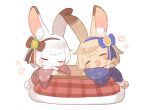  ambiguous_gender anthro beverage biped blush brown_body brown_eyes brown_fur brown_hair clothed clothing duo eyes_closed fur furniture hair inner_ear_fluff kuo0 lagomorph leporid mammal rabbit sleeping table tuft white_body white_fur white_hair 