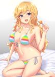  1girl :d bangs bare_arms bare_legs bare_shoulders barefoot bed_sheet bikini blonde_hair blue_eyes blush bow breasts candy cleavage collarbone colored_stripes commentary_request eyebrows_visible_through_hair food front-tie_bikini front-tie_top gradient gradient_background grey_background highres holding holding_food idolmaster idolmaster_cinderella_girls large_breasts lollipop long_hair looking_at_viewer multicolored_bow navel o-ring o-ring_bikini o-ring_top ohtsuki_yui on_bed open_mouth ribbon side-tie_bikini sidelocks sitting smile solo stomach striped striped_bikini swept_bangs swimsuit tomajiyama very_long_hair wavy_hair white_ribbon yokozuwari 