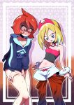  2girls arezu_(pokemon) arm_wrap blonde_hair cosplay costume_switch diamond_clan_outfit fumirumochigashin gradient gradient_clothes gradient_legwear hairband highres irida_(pokemon) jewelry multiple_girls neck_ring pokemon pokemon_(game) pokemon_legends:_arceus red_eyes red_hair red_hairband shirt shorts strapless strapless_shirt two-tone_legwear waist_cape white_shorts 