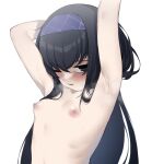  1girl armpits arms_up black_eyes black_hair blue_archive blush breasts hair_between_eyes hairband heavy_breathing long_hair looking_at_viewer nipples nude one_eye_closed open_mouth presenting_armpit sidelocks simple_background small_breasts solo steaming_body sweat ui_(blue_archive) upper_body uxu white_background 