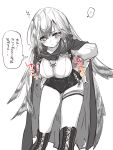  ... 1girl an_fyhx arknights ass_visible_through_thighs bangs blush boots bouncing_breasts breasts bright_pupils cape cleavage closed_mouth collarbone cross-laced_footwear fartooth_(arknights) feather_hair feet_out_of_frame hands_on_hips highres lace-up_boots large_breasts leaning_forward long_hair looking_down motion_lines shirt short_shorts shorts solo speech_bubble spoken_ellipsis standing sweat thigh_boots thigh_strap thighhighs thought_bubble translation_request very_long_hair 