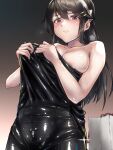  1girl black_bodysuit black_hair blush bodysuit breasts brown_eyes collarbone crotch_zipper dressing hair_ornament hairband hairclip haruna_(kancolle) highres kantai_collection latex latex_bodysuit long_hair medium_breasts parazan_d solo sweat white_hairband zipper 