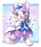  3_toes 4_fingers ambiguous_gender anchor_symbol anthro biped blue_eyes canid clothed clothing cute_fangs featureless_crotch feet fingers fur hat headgear headwear inner_ear_fluff kuo0 mammal open_mouth pawpads purple_body purple_fur smile solo toes tuft white_body white_fur 