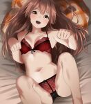  1girl bangs bare_legs blush bra breasts brown_hair collarbone highres kantai_collection kuma_(kancolle) lingerie long_hair looking_at_viewer lying navel open_mouth panties pillow red_bra red_panties solo tama_(seiga46239239) underwear yellow_eyes 