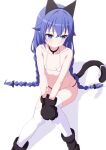  1girl animal_ears animal_hands bare_shoulders bikini black_bikini black_choker black_gloves blue_eyes blue_hair boots braid cat_ears cat_tail choker collarbone commentary_request fake_animal_ears feet_out_of_frame gloves highres knees_together_feet_apart knees_up long_hair low_twintails micro_bikini mismatched_bikini mushoku_tensei oueo paw_gloves roxy_migurdia shadow sitting solo swimsuit tail thighhighs thighhighs_under_boots twin_braids twintails very_long_hair white_background white_bikini white_legwear 