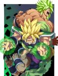  1boy armor black_hair blonde_hair broly_(dragon_ball_super) commentary dragon_ball dragon_ball_super dragon_ball_super_broly green_hair highres legendary_super_saiyan male_focus multiple_forms multiple_views muscular muscular_male no_pupils pretty-purin720 saiyan_armor scar scar_on_face solo spiked_hair super_saiyan super_saiyan_1 topless_male yellow_eyes 