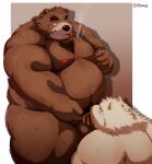  2022 absurd_res anthro balls belly big_belly blush brown_body brown_fur censored duo erection fur genitals hi_res humanoid_genitalia humanoid_hands humanoid_penis kemono kumajjjj male mammal moobs nipples obese obese_male oral overweight overweight_male penis simple_background smoking ursid 