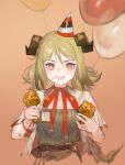  1girl :d arknights balloon bangs blonde_hair choker fengyin_shici_guozi food food_on_face fried_chicken hair_between_eyes hat highres holding holding_food horns ifrit_(arknights) ifrit_(children&#039;s_party)_(arknights) looking_at_viewer low_twintails official_alternate_costume open_clothes open_mouth open_shirt orange_background orange_eyes party_hat red_choker red_ribbon ribbon ribbon_choker shirt short_hair simple_background smile solo strapless tube_top twintails upper_body white_shirt 