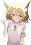  1girl animal_ear_fluff animal_ears bangs blonde_hair blush brown_eyes brown_hair closed_mouth eyebrows_visible_through_hair fox_ears fox_shadow_puppet hair_between_eyes highres kamachi_(kamati0maru) kudamaki_tsukasa light_smile looking_at_viewer romper shirt short_sleeves simple_background solo touhou upper_body white_background white_shirt yellow_eyes 