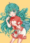  1girl :3 :d bangs blush breasts cloud_print collared_shirt cowboy_shot curly_hair e_sdss fang feet_out_of_frame gradient gradient_background green_eyes green_hair highres horns komano_aunn long_hair looking_at_viewer nose_blush open_mouth orange_background paw_pose red_shirt shirt short_sleeves shorts simple_background single_horn small_breasts smile solo touhou very_long_hair white_shorts yellow_background 