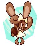  anthro blush brown_body candy chocolate chocolate_egg clothing dessert dress egg ester_(somefoolfp) female food food_creature lagomorph leporid mammal open_mouth rabbit ribbons simple_eyes solo somefoolfp white_clothing white_dress 
