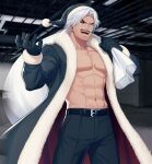  1boy abs arm_up artificial_eye bara belt black_pants blue_eyes blurry blurry_background coat earrings facial_hair fur-trimmed_coat fur_trim gloves hat jewelry kuren large_pectorals looking_at_viewer male_focus mature_male mechanical_eye muscular muscular_male mustache navel omega_rugal open_mouth pants pectoral_cleavage pectorals rugal_bernstein santa_costume santa_hat short_hair solo the_king_of_fighters white_hair 