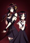  2girls back_hair black_dress black_gloves black_legwear breasts cleavage closed_mouth crossover dagger dress dual_wielding expressionless fingerless_gloves folded_ponytail gloves gold_hairband gradient gradient_background hair_ribbon hand_to_own_mouth highres holding holding_dagger holding_weapon index_finger_raised kaguya-sama_wa_kokurasetai_~tensai-tachi_no_renai_zunousen~ knife large_breasts long_hair looking_at_viewer medium_hair megrocks multiple_girls neck_ribbon pinafore_dress red_background red_eyes red_ribbon reverse_grip ribbon rose_hair_ornament school_uniform season_connection shinomiya_kaguya short_hair_with_long_locks shuuchiin_academy_uniform sidelocks spikes spy_x_family trait_connection weapon yor_briar 