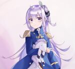  1girl alternate_costume azur_lane blue_jacket buttons cowboy_shot epaulettes gradient gradient_background hair_bun highres jacket long_hair long_sleeves military military_uniform one_side_up pants purple_background purple_eyes purple_hair side_bun stuffed_animal stuffed_toy stuffed_unicorn stuffed_winged_unicorn unicorn unicorn_(azur_lane) uniform user_jdds4474 