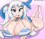  animal_humanoid big_breasts big_butt bikini bikini_thong blep bmayyneart breasts butt cleavage clothed clothing female fish fish_humanoid hi_res huge_breasts humanoid lying marine marine_humanoid on_front pink_background shark_humanoid simple_background solo swimwear tongue tongue_out 