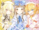  3girls :d bangs blonde_hair blue_eyes blunt_bangs blush bow brown_eyes brown_hair chestnut_mouth dress drill_hair eyebrows_visible_through_hair fang hair_bow hat headdress highres light_smile long_hair long_sleeves looking_at_viewer luna_child multiple_girls open_mouth red_eyes ribbon smile star_sapphire sunny_milk sweet_miuk_tea touhou traditional_media twin_drills twintails white_dress wings 