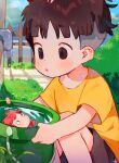  1boy 1girl blue_sky brown_hair brown_shorts commentary day english_commentary eyebrows_visible_through_hair fence fish_girl gake_no_ue_no_ponyo grass highres holding holding_pot kneeling looking_at_another monster_girl no_eyebrows outdoors ponyo pot red_hair shirt short_hair short_sleeves shorts sky solo_focus sousuke_(ponyo) thebrushking yellow_shirt 
