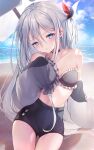  1girl 25-ji_night_code_de._(project_sekai) bangs bare_shoulders beach beach_umbrella bikini black_bikini black_choker black_shorts blush choker closed_mouth cowboy_shot dabi_(dabibubi) day frilled_bikini frilled_sleeves frills grey_hair hair_between_eyes hair_ribbon highres long_hair long_sleeves looking_at_viewer one_side_up outdoors project_sekai ribbon shorts sitting sleeves_past_fingers sleeves_past_wrists solo strapless strapless_bikini swimsuit thigh_gap umbrella very_long_hair yoisaki_kanade 