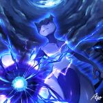  ayo_(ayosanri009) blue_eyes closed_mouth collarbone commentary_request energy energy_ball from_below frown looking_down mewtwo pokemon pokemon_(creature) signature solo 