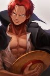  1boy abs black_cape blue_eyes cape commentary hat highres oekakiboya one_piece red_hair scar scar_across_eye scar_on_face serious shanks shirt short_hair simple_background solo standing straw_hat white_shirt 