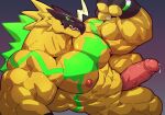  abs anthro armor bandai_namco biceps bodily_fluids bulkmon clothing digimon erection fingerless_gloves flexing genital_fluids genitals gloves handwear headgear helmet istani male muscular muscular_anthro muscular_male nipples pecs penis precum solo 