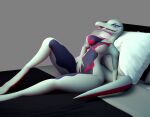  3d_(artwork) absurd_res anthro areola bed bed_sheet bedding bedroom big_breasts big_butt black_areola black_body black_nipples black_scales breasts butt digital_media_(artwork) female furniture hi_res lizard looking_at_viewer lying multicolored_body nintendo nipples nude on_back open_mouth pillow pok&eacute;mon pok&eacute;mon_(species) purple_eyes reptile salazzle scales scalie shiny_pok&eacute;mon simple_background smile solo thick_thighs tongue tongue_out video_games wide_hips xionxiii 