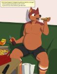  2018 5_fingers absurd_res anthro belly beverage black_bottomwear black_clothing black_shorts bottomwear bulge canid canine canis chip_bag chips_(food) clothing controller domestic_dog eating eating_food english_text fingers food fur furniture hi_res holding_beverage holding_food holding_object holding_pizza immelmann inside male mammal musclegut muscular muscular_anthro muscular_male navel open_mouth orange_body orange_eyes orange_fur paper_towel pink_tongue pizza pizza_box remote_control shadow shorts shorts_only sitting soda_bottle sofa solo text text_box tongue tony_(plokishmok3) tv_remote weight_gain 
