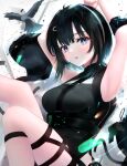  1girl :o absurdres arknights armpits arms_behind_back arms_up bangs bird black_coat black_hair blue_eyes blush breasts coat coat_removed hair_ornament hairband hairclip highres la_pluma_(arknights) legs_up looking_at_viewer medium_breasts open_mouth roki@ short_hair sleeveless solo thigh_strap underbust white_hairband 