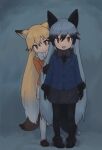  2girls animal_ears black_bow black_bowtie black_footwear black_fur black_gloves black_hair black_legwear black_necktie black_skirt blue_jacket bow bowtie eyebrows_visible_through_hair ezo_red_fox_(kemono_friends) fox_ears fox_girl fox_tail fur_trim gloves grey_hair hiding hiding_behind_another highres jacket kemono_friends loafers long_hair long_sleeves multicolored_hair multiple_girls necktie orange_eyes orange_hair orange_jacket orange_necktie pantyhose pleated_skirt rumenia_(ao2is) shoes silver_fox_(kemono_friends) skirt tail white_bow white_bowtie white_hair white_legwear white_skirt 