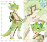  absurd_res accessory ambiguous_gender anthro backpack belt flower flower_in_hair genderless_(disambiguation) hair hair_accessory hi_res horn hybrid kanya_the_drakkonid_(darkflamewolf) leg_wraps legend_of_ahya nude plant potion_bottle solo staff tail_strap tuff_tt wraps 