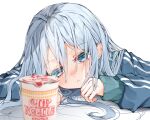  1girl absurdres bangs blue_eyes blue_jacket blurry blush cup_noodle cup_ramen depth_of_field empty_eyes english_text eyelashes hair_flowing_over hair_over_eyes half-closed_eyes head_rest highres jacket long_hair long_sleeves looking_afar messy_hair parted_lips pov_across_table product_placement project_sekai simple_background sleepy solo track_jacket tsune_(tune) white_background yoisaki_kanade 