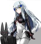  absurdres akira1408 alternate_costume armored_bodysuit black_bodysuit bodysuit breasts cross_hair_ornament eyebrows_visible_through_hair girls&#039;_frontline green_eyes hair_ornament highres hip_gear hk416_(girls&#039;_frontline) hk416_(midnight_evangelion)_(girls&#039;_frontline) long_hair medium_breasts multicolored_bodysuit multicolored_clothes official_alternate_costume robot_dog shadow shirt silver_hair simple_background teardrop teardrop_facial_mark teardrop_tattoo white_bodysuit white_shirt 