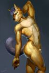  2022 anthro athletic athletic_anthro balls butt canid canine digital_media_(artwork) dimonis fur genitals green_eyes hair hi_res male mammal muscular nude purple_body purple_fur purple_hair purple_tail signature simple_background smile solo watermark yellow_body yellow_fur 